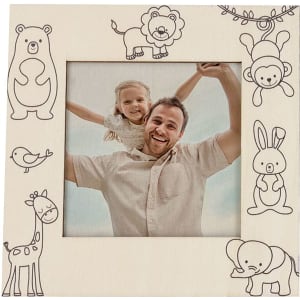 A wooden photo frame featuring hand-drawn animals, including a lion, bear, and elephant, with a central photo space.