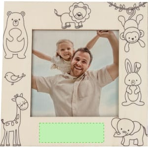 A wooden photo frame featuring hand-drawn animal illustrations in various colours, designed for displaying photographs.
