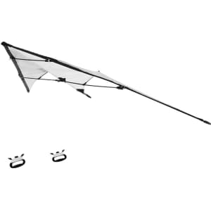 A kite with a sleek design featuring a white canopy and a black frame, accompanied by two line attachments.