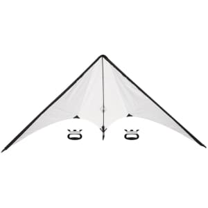 A white and black kite with a triangular shape, featuring two handles for control.