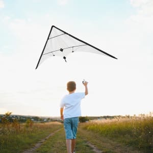 A child flying a black and white kite in a grassy field under a blue sky.