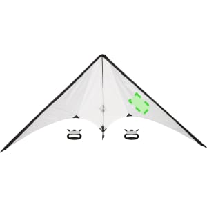 A white kite with black edges and two handles, featuring a simple logo on one side.