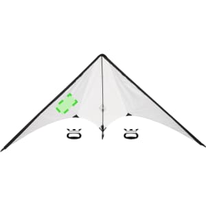 A white kite with black edging and two handles at the base, featuring a logo on one side.
