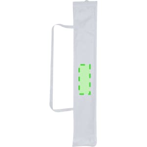 A white kite bag with a bright green rectangular section and a carrying handle. It features a logo.