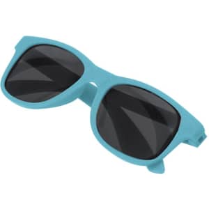 A pair of turquoise sunglasses with black lenses, featuring a simple design and a logo on the side.