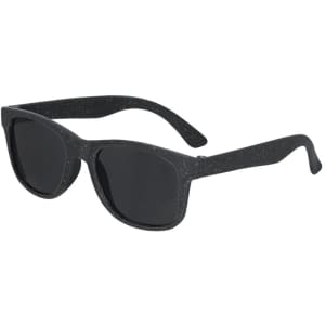 A pair of black sunglasses with a speckled texture and dark lenses. The sunglasses have a logo on the side.