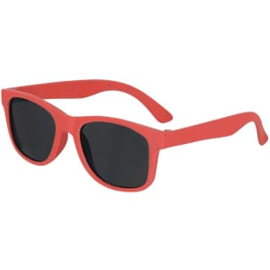 A pair of red kids' sunglasses with black lenses and a logo on the arm.