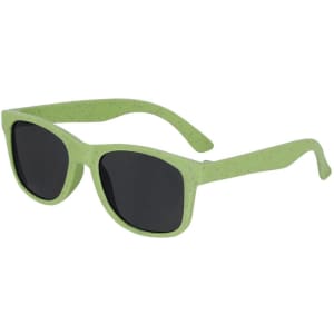 Green children's sunglasses with dark lenses and a speckled design. Includes a logo on the side.