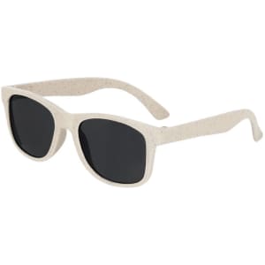 Kids' sunglasses in a speckled white design with black lenses and a sturdy frame. Features a logo on the side.