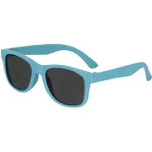 Turquoise sunglasses with a speckled design and dark lenses, featuring a logo on the arm.