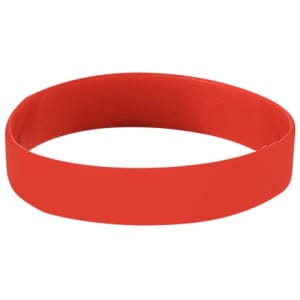 A red silicone wristband with a smooth finish, featuring a logo on the surface.