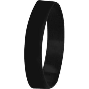 A black silicone wristband with a smooth surface and an even width, featuring a logo.