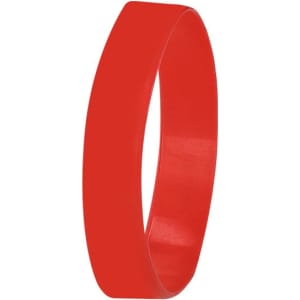 A red silicone wristband with a smooth surface and a simple design, featuring a logo.