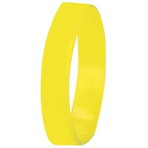 A yellow silicon wristband with a smooth surface and a subtle logo.
