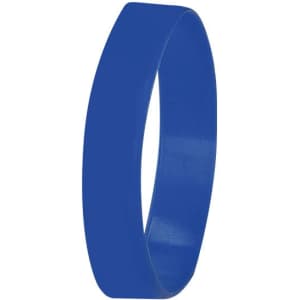 A blue silicone wristband featuring a smooth finish and a subtle logo.