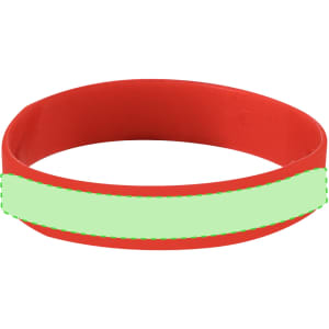A red silicone wristband with a green blank section for customisation. It features a logo.