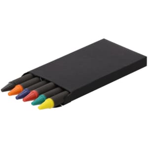A crayon set featuring six colours: orange, purple, blue, green, red, and yellow, packaged in a sleek black box.