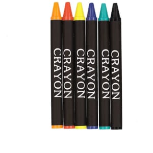 A set of six crayons in orange, yellow, green, and blue with black wrappers labelled "CRAYON."