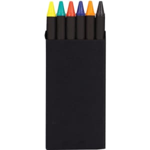 A crayon set with six vibrant crayons in yellow, green, red, orange, blue, and purple, packaged in a black holder.