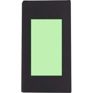 A black notebook with a green centre panel and a decorative border. It features a logo on the cover.