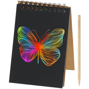 A spiral-bound notebook featuring a rainbow butterfly design on a black cover, accompanied by a wooden pencil.