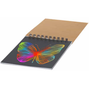 A spiral-bound notebook with a colourful butterfly design on the cover and a kraft paper-like backing.