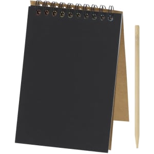 A black spiral-bound notebook with a cardboard backing and a light wooden pencil beside it.