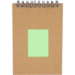 A spiral-bound notebook with a brown kraft cover and a green rectangular section on the front.