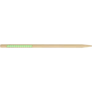 A wooden pencil with a green grip along the body. It has a sharpened tip for writing.