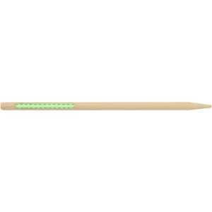 A wooden pencil featuring a green grip along one side, designed for comfortable writing.