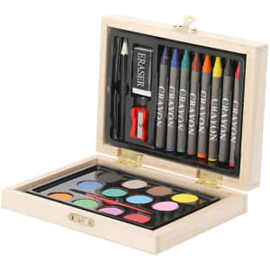 A wooden box containing crayons, pastels, and watercolour paints in various colours, along with a sharpener and eraser.