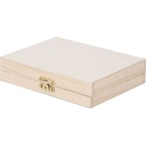 A wooden pencil case in a light colour with a brass clasp, featuring a smooth, plain exterior.