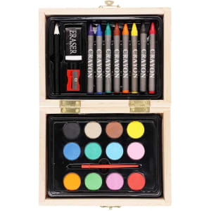 A wooden pencil case featuring crayons, watercolours, and an eraser in various bright colours.