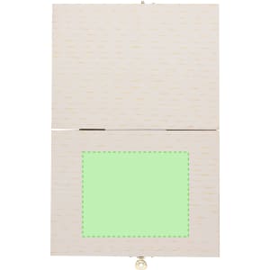 A wooden pencil case in a light beige colour with a green interior and a ring clasp for closure.