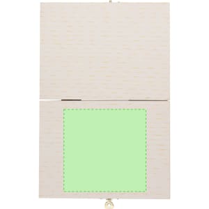 A light wood pencil case with a hinged lid, featuring a green interior and a logo.