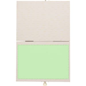 A wooden pencil case in a light wood finish, featuring a mint green interior and a clasp closure.
