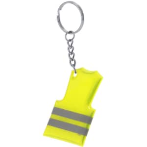 A yellow keyring shaped like a safety vest with silver reflective stripes and a metal ring attachment.