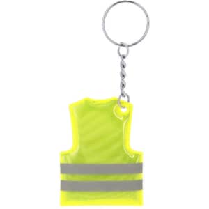 A yellow keyring shaped like a high-visibility vest with silver reflective stripes and a metal chain.