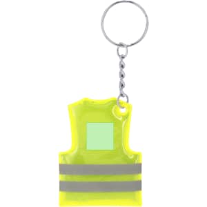 A yellow keyring shaped like a safety vest with reflective stripes and a metal chain attachment.