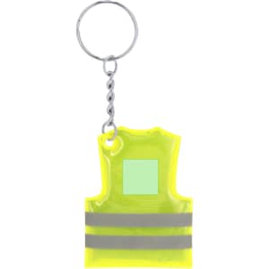 A bright yellow keyring shaped like a safety vest, featuring reflective stripes and a circular metal chain.