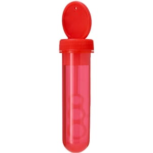 A red drink bottle with a transparent body and a secure lid, featuring three circular bubbles inside.