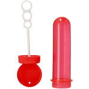 A red bubble wand with a holder, featuring a loop for creating bubbles. The holder is also red and has a logo.