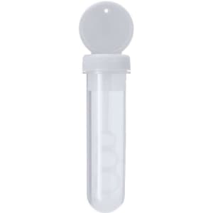 A clear, cylindrical drink bottle with a white screw-on cap and a round flip-top lid. It has a logo.
