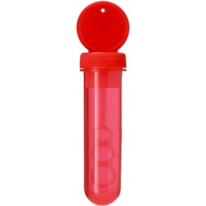 A drink bottle in bright red with a capped top, featuring three circular items inside.