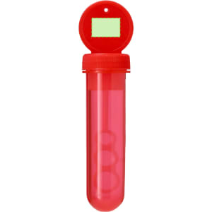 A drink bottle in a bright red colour with a transparent body and a lid, featuring a small branding logo on top.