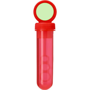 A red drink bottle with a green cap, featuring a transparent body and three round, colourful bubbles inside.