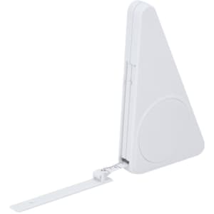 A white tape measure featuring a triangular design with a retractable measuring tape. It has a logo on the side.