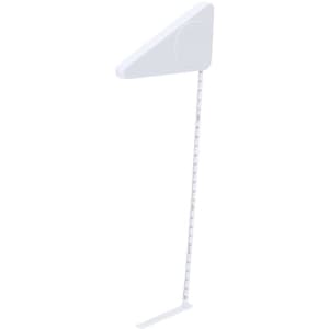 A white tape measure with a triangular top, featuring a retractable measuring tape and a logo.