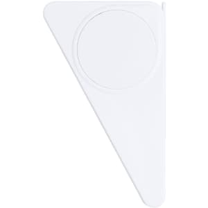 A white tape measure in a triangular shape, featuring a circular end and a logo on the surface.