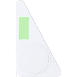 A triangular white tape measure with a circular section, featuring a green panel and a logo.